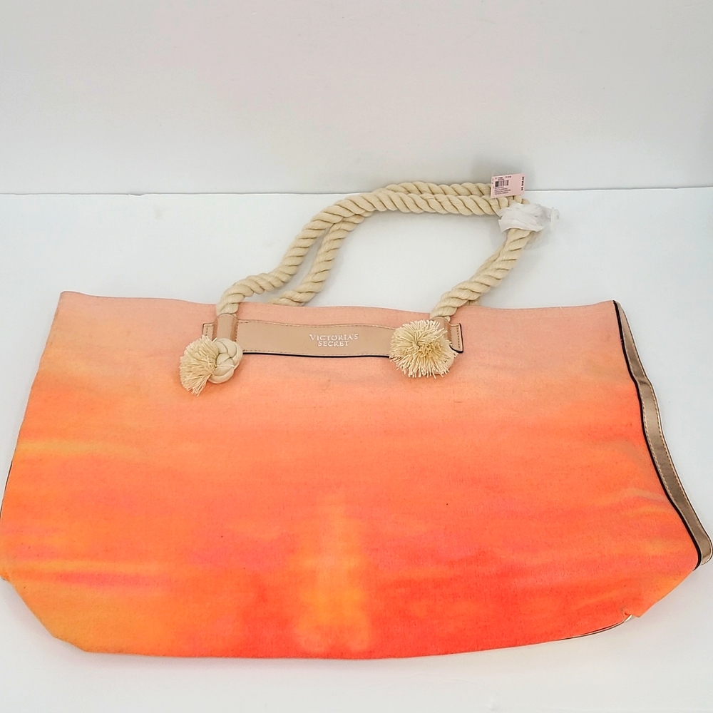 Victoria Secret peach pink orange tye dye rose gold cream rope handles beach bag